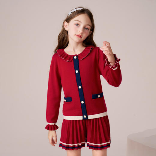 mettekids女童针织开衫冬红色毛衣拜年服大童百褶半身裙羊毛套装 商品图3