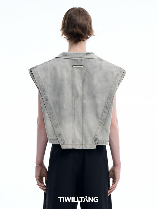 TIWILLTANG 启世录“锛淳”翻领水洗复古牛仔马甲上衣短款宽松男 商品图2