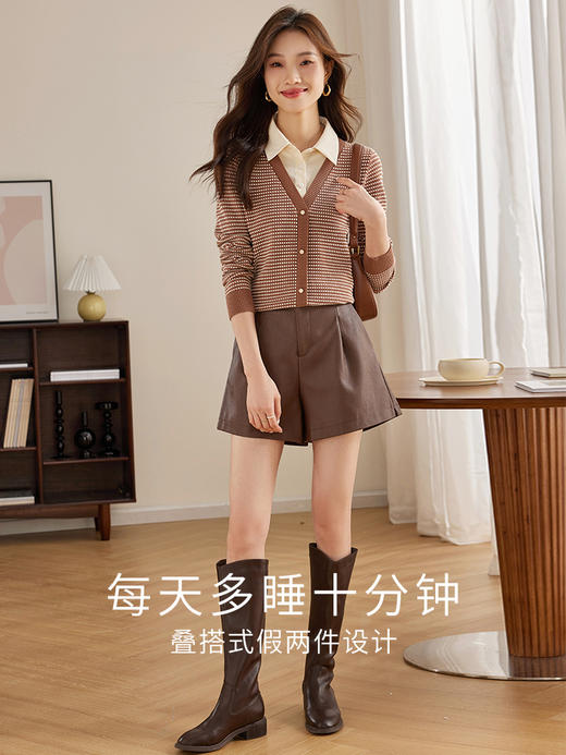 【专属特价】熙世界polo领拼接复古条纹针织衫女2025秋新款设计感假两件上衣 商品图2