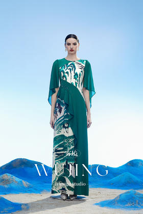 3204037 只此青绿 韩国进口水晶乔其纱进口纹理蜂窝缎连衣裙 雾境