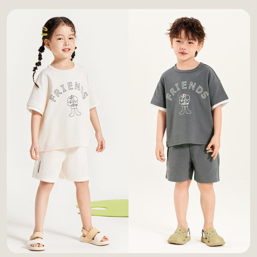【限时秒杀】【mini亲子 儿童款】男女童儿童宽松舒适透气华夫格短袖T恤短裤运动套装 商品图2