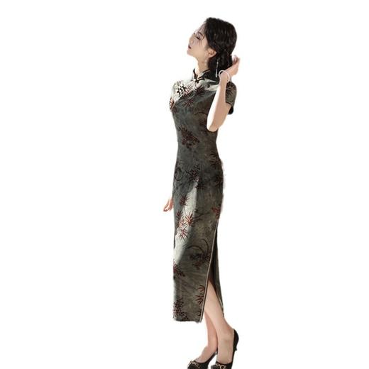 SYK17老上海复古中国风植绒长款短袖旗袍2024春夏款改良中式国潮风旗袍 商品图4