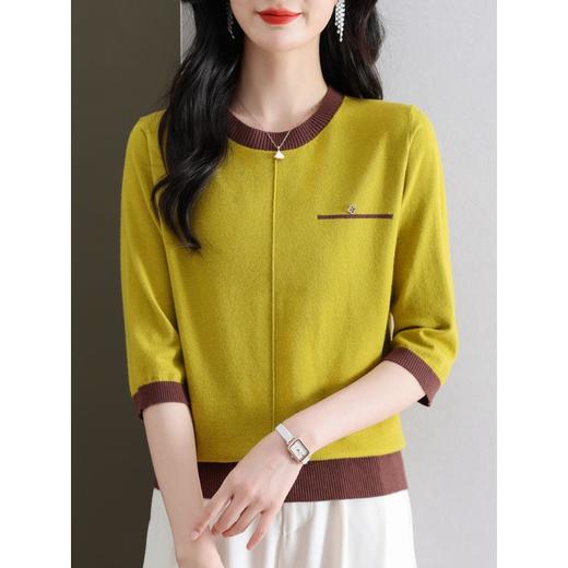 101-08156洋气漂亮小衫2024年春夏薄款针织衫女中袖t恤七分袖打底上衣拼色 商品图0