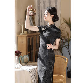 SYK17老上海复古中国风植绒长款短袖旗袍2024春夏款改良中式国潮风旗袍