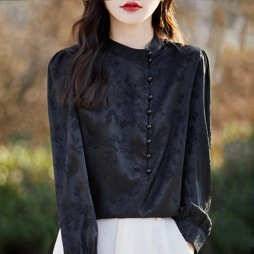 雀说新款醋酸缎面长袖打底衬衫女新中式国风春季气质立领白色上衣AL 商品图2