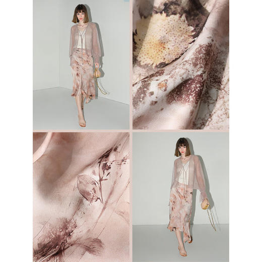 【有赞】COCOBELLA设计感拼接晕染印花缎面半身裙不规则下摆长裙HS7003 商品图4