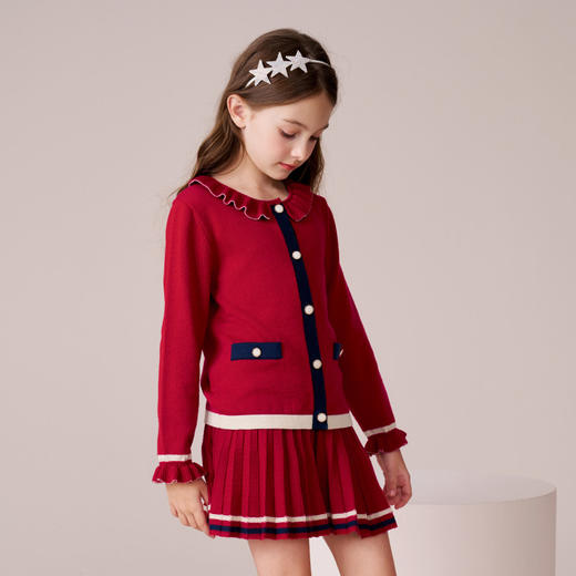 mettekids女童针织开衫冬红色毛衣拜年服大童百褶半身裙羊毛套装 商品图2