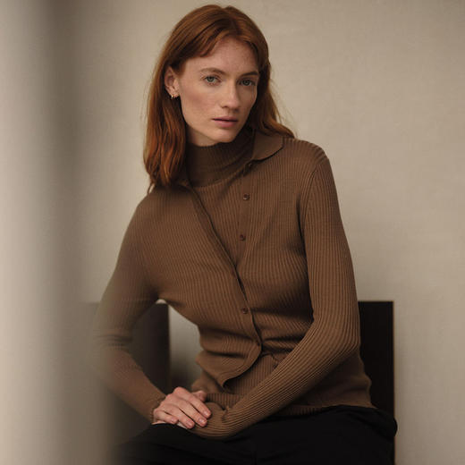 SUNSPEL女士桑蚕丝真丝棱纹翻领针织开衫 商品图0