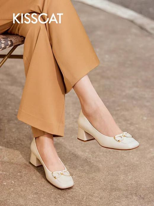 KISSCAT接吻猫2024年新款气质法式中跟鞋温柔通勤粗跟单鞋 商品图1