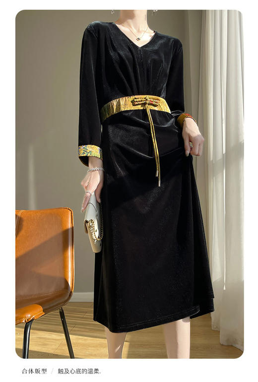 福利款~雀说金丝绒连衣裙高级感新款新中式气质洋气九分袖打底裙子AL7020 商品图5