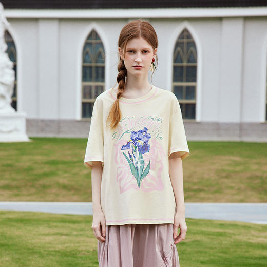 两三事梵高文艺奇喵物语2024春季新款复古油画印花棉质短袖t恤女 商品图2