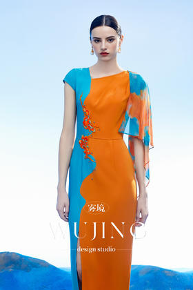 3204003 空桑秘境 韩国进口水晶乔其纱进口纹理蜂窝缎连衣裙 雾境