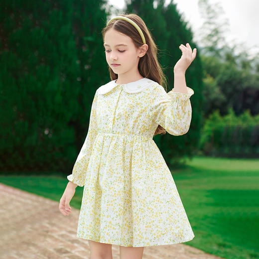 mettekids女童连衣裙2024春夏儿童黄色碎花公主裙中大童纯棉裙子 商品图2