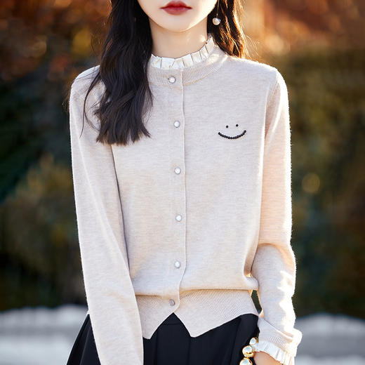 福利款~丁摩新款韩系木耳边笑脸针织开衫女宽松百搭温柔软糯毛衣外套AL881 商品图0