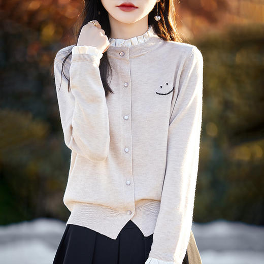 福利款~丁摩新款韩系木耳边笑脸针织开衫女宽松百搭温柔软糯毛衣外套AL881 商品图3