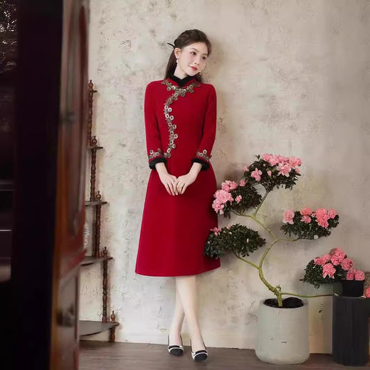 红色旗袍长袖加厚，新娘敬酒服改良连衣裙国风GSJ5542 商品图2