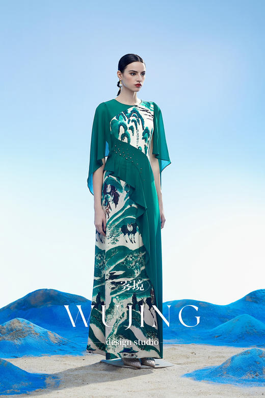 3204037 只此青绿 韩国进口水晶乔其纱进口纹理蜂窝缎连衣裙 雾境 商品图1