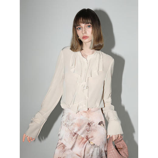 COCOBELLA[100%人丝]优雅荷叶边小立领女静奢风气质通勤衬衫SR0001 商品图0