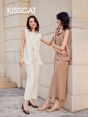 KISSCAT03340000337接吻猫[繁华系列]24年新款气质[摘星鞋]水钻花托法式单鞋