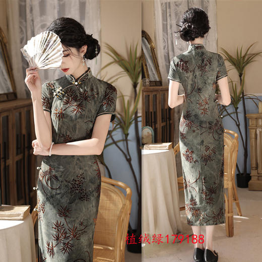 SYK17老上海复古中国风植绒长款短袖旗袍2024春夏款改良中式国潮风旗袍 商品图2
