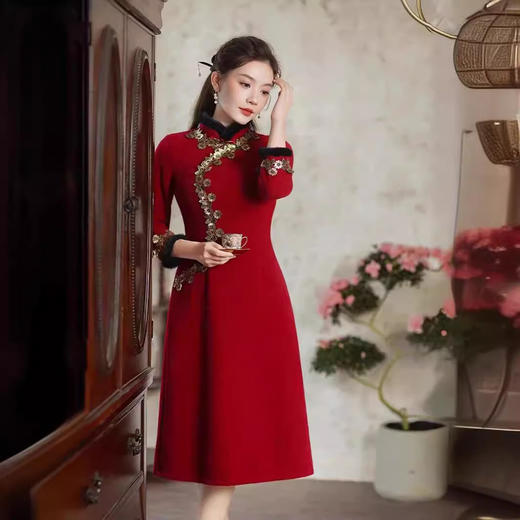 红色旗袍长袖加厚，新娘敬酒服改良连衣裙国风GSJ5542 商品图1