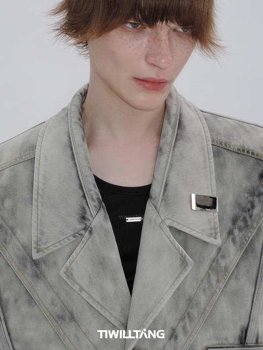 TIWILLTANG 启世录“锛淳”翻领水洗复古牛仔马甲上衣短款宽松男 商品图3