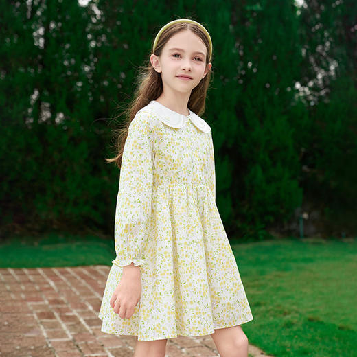 mettekids女童连衣裙2024春夏儿童黄色碎花公主裙中大童纯棉裙子 商品图0