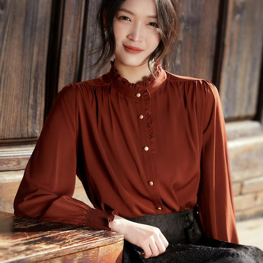 花侍·法式衬衫 气质立领衬衣 红棕色/白色 商品图5