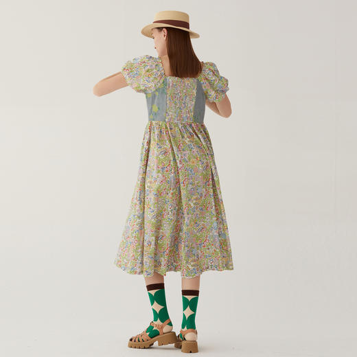 谜底碎花连衣裙短袖2024夏款田园度假风拼接修身长裙女246ML7028 商品图2