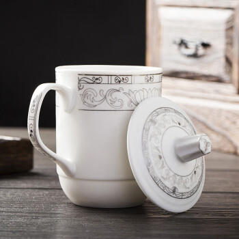 陶相惠茶杯陶瓷带盖开会杯子家用350ml办公茶杯商务会议杯办公水杯玉莲 /厨具 /茶具 /茶杯 商品图3