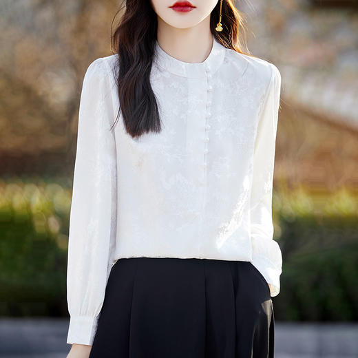 雀说新款醋酸缎面长袖打底衬衫女新中式国风春季气质立领白色上衣AL 商品图0
