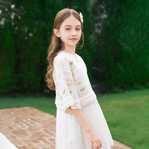 mettekids女童针织衫2024新款春秋甜美镂空提花儿童五分袖上衣 商品图0