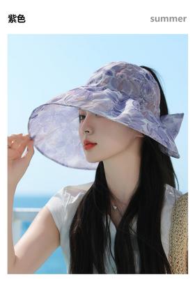 女神优雅花布大沿空顶帽，休闲防紫外线遮阳帽韩版防晒帽JC