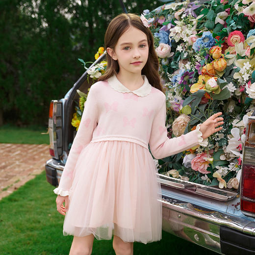 mettekids女童连衣裙春秋2024新款粉色网纱公主儿童洋气针织裙子 商品图2