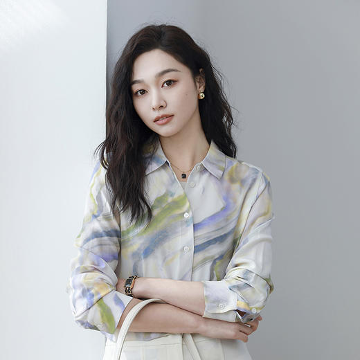 火桐hooton紫色云霞晕染桑蚕丝衬衫+插画师联名款鹅卵石真丝 商品图0