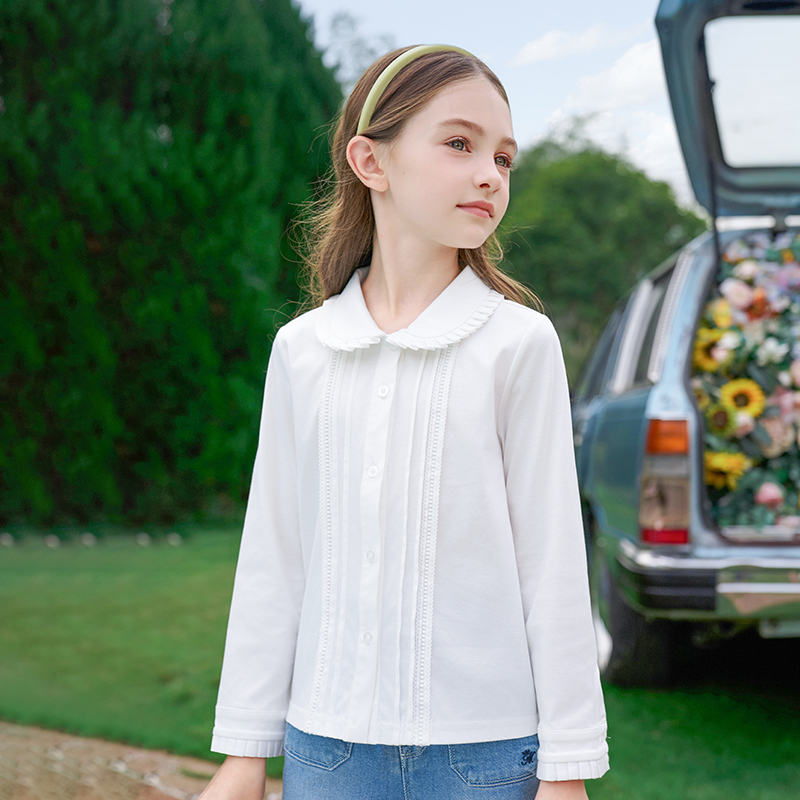 mettekids女童衬衫2024春秋白色甜美百搭衬衣儿童纯棉上衣童装