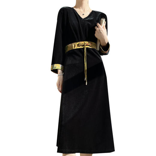 福利款~雀说金丝绒连衣裙高级感新款新中式气质洋气九分袖打底裙子AL7020 商品图4