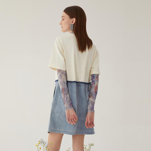 谜底牛仔拼接连衣裙2024夏季新款圆领套头印花宽松中裙246ML7030 商品图2