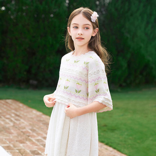 mettekids女童针织衫2024新款春秋甜美镂空提花儿童五分袖上衣 商品图1