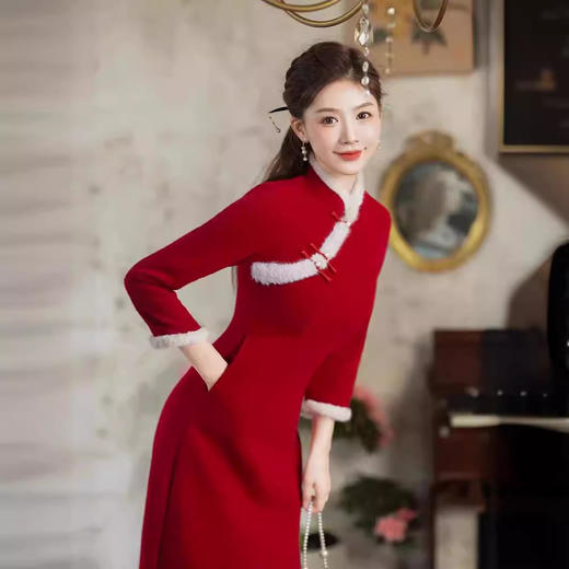 红色旗袍长袖加厚，新娘敬酒服改良连衣裙国风GSJ5542 商品图3