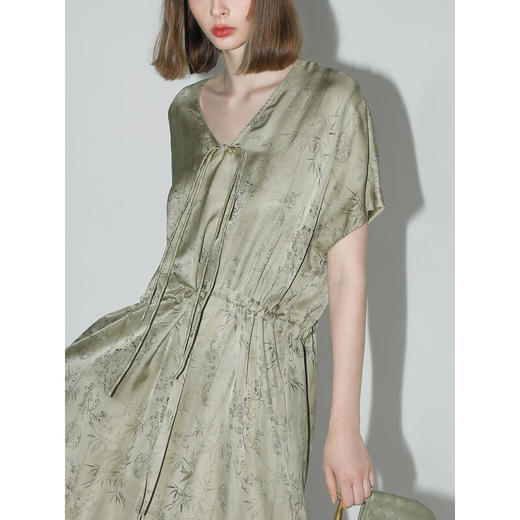 COCOBELLA人丝竹叶提花炒色新中式连衣裙国风盘扣衬衫裙FR7025 商品图1