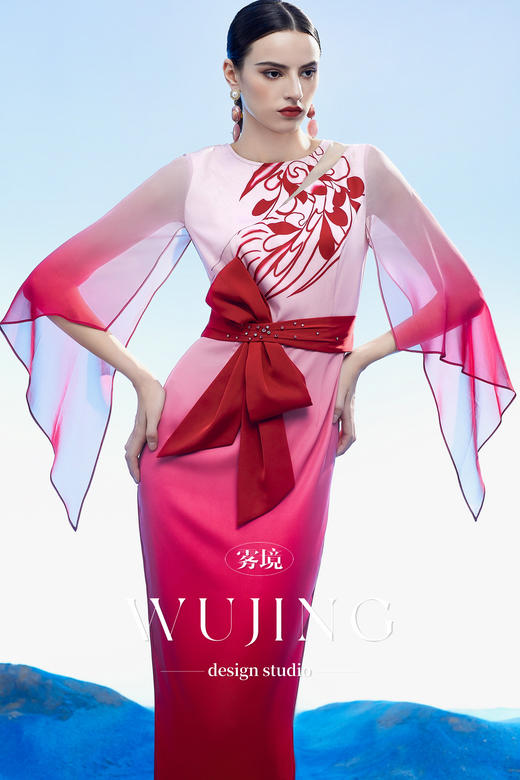 3204041 扶摇云梦 韩国进口水晶乔其纱进口纹理蜂窝缎连衣裙 雾境 商品图2