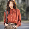 花侍·法式衬衫 气质立领衬衣 红棕色/白色 商品缩略图1