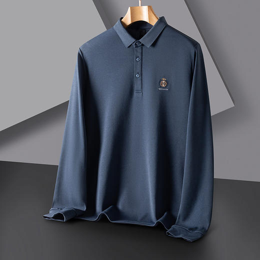 【桑蚕丝混纺】罗蒙春秋男士绣花胸标polo衫男长袖t恤男舒适长袖上衣男 商品图5
