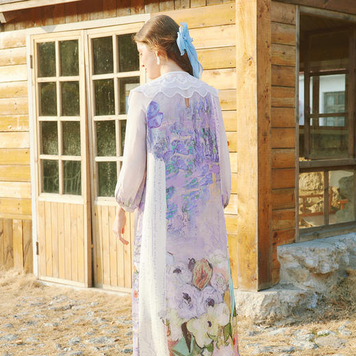 两三事梵高文艺恋色罗曼史 春季新款复古可拆翻领印花连衣裙 商品图4