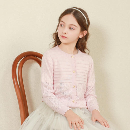 mettekids女童针织开衫2024春秋新款粉色镂空儿童棉羊绒洋气童装 商品图3