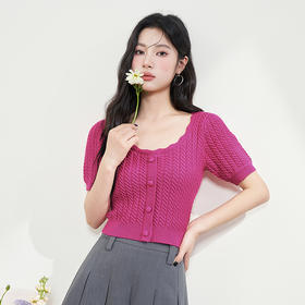 西遇韩式休闲短袖针织衫女夏新款薄款方领设计合体修身简约V0050556