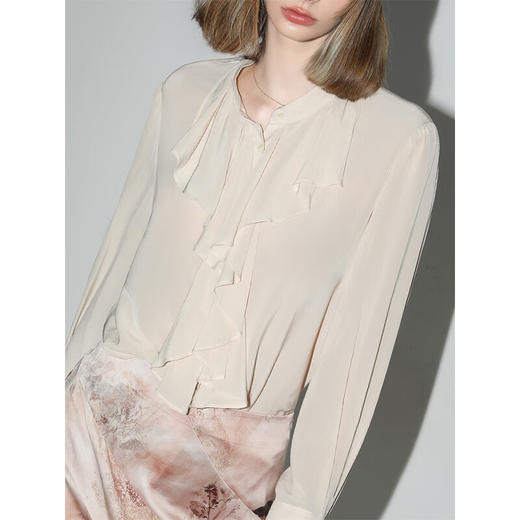 COCOBELLA[100%人丝]优雅荷叶边小立领女静奢风气质通勤衬衫SR0001 商品图2