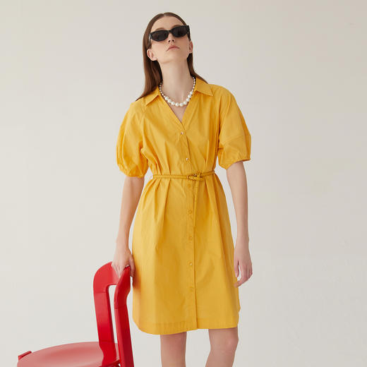 谜底连衣裙女2024夏款通勤风纯色宽松中长裙短袖配腰带246ML7029 商品图1