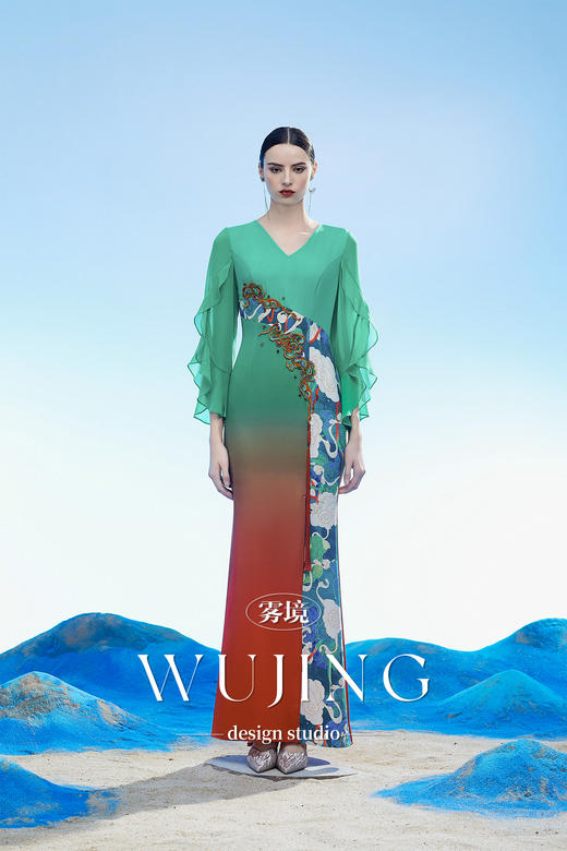 3204027 碧落羽裳 韩国进口水晶乔其纱进口纹理蜂窝缎连衣裙 雾境 商品图1